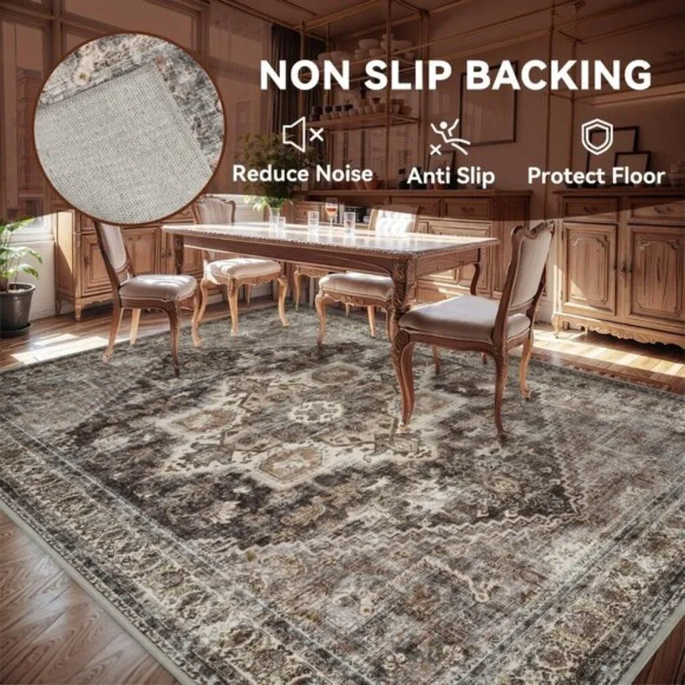 New 5x7 Brown Area Rug, Washable Vintage Floral Non-Slip Carpet for Room Decor